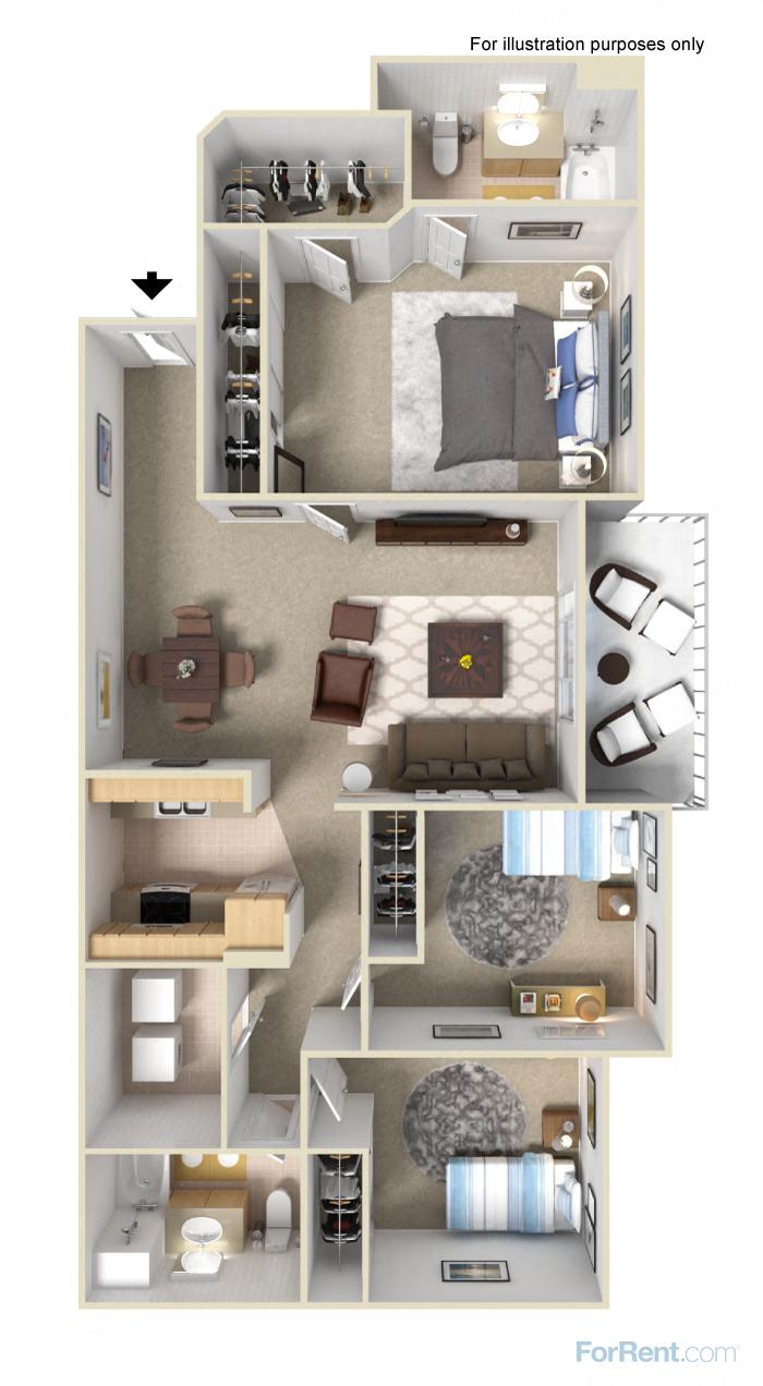 Floor plan for 3 beds, 2 baths, 1208 sqft